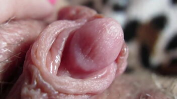 Close up of a milky girl’s yam-sized and humid pussy with a huge clitoris.